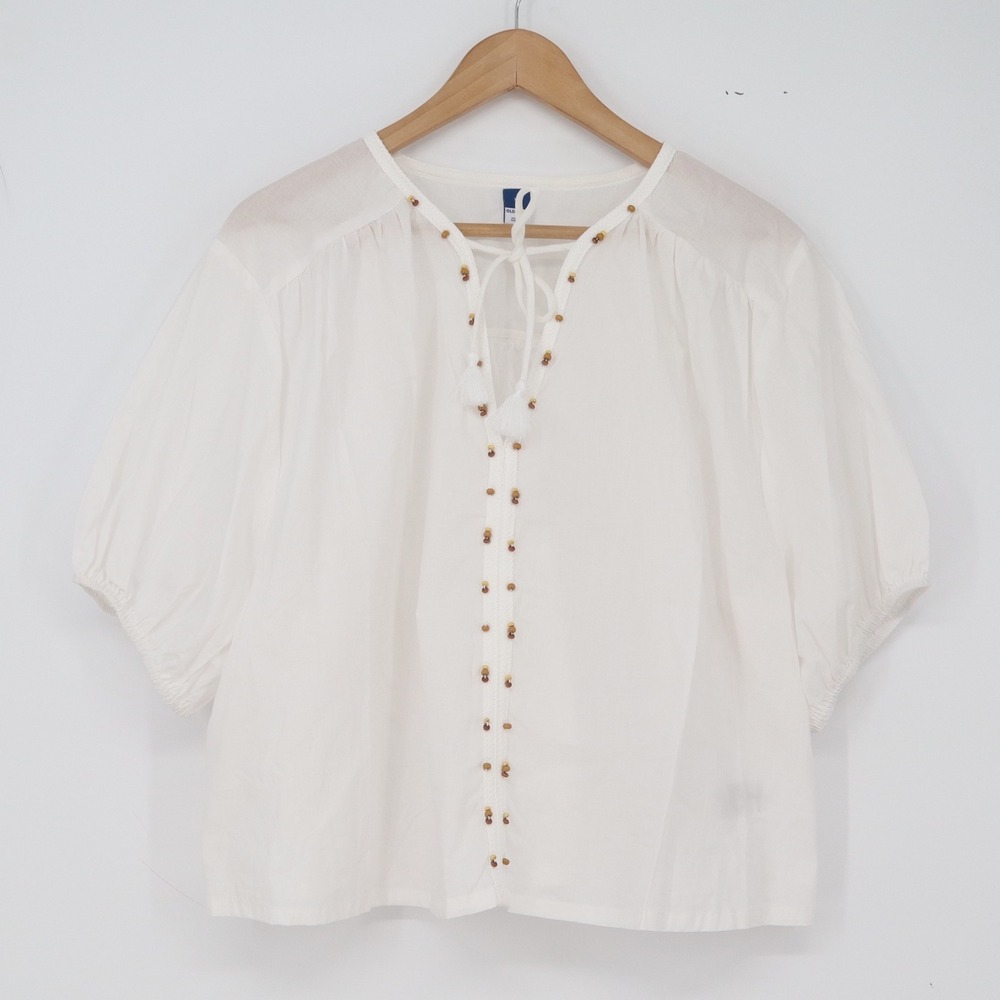 Old Navy Blouse Womens XL Boho Peasant White Beaded Puff Sleeve Excellent